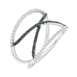 0.36 CT. T.W. Enhanced Black and White Diamond Open "X" Ring in Sterling Silver|Peoples Jewellers