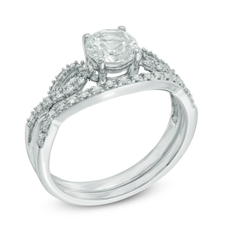 6.0mm Lab-Created White Sapphire and 0.15 CT. T.W. Diamond Twist Bridal Set in 10K White Gold|Peoples Jewellers