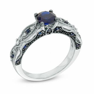 6.0mm Lab-Created Blue Sapphire and 0.10 CT. T.W. Diamond Bridal Set in 10K White Gold|Peoples Jewellers