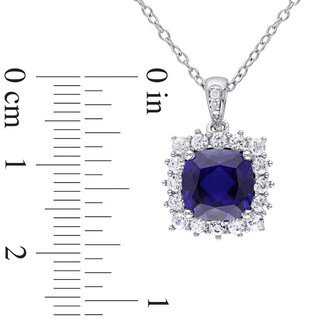 8.0mm Cushion-Cut Lab-Created Blue and White Sapphire and Diamond Accent Frame Pendant in Sterling Silver|Peoples Jewellers