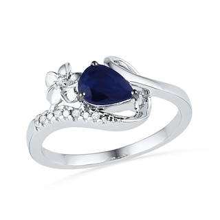 Pear-Shaped Lab-Created Blue Sapphire and Diamond Accent Flower Loop Ring in Sterling Silver|Peoples Jewellers