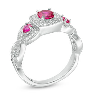 Lab-Created Ruby and White Sapphire Three Stone Frame Twist Ring in Sterling Silver|Peoples Jewellers