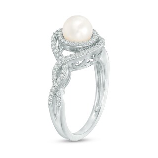 6.0mm Freshwater Cultured Pearl and Lab-Created White Sapphire Double Frame Ring in Sterling Silver|Peoples Jewellers