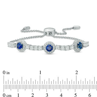 5.0mm Lab-Created Blue and White Sapphire Frame Three Stone Bolo Bracelet in Sterling Silver - 9.0"|Peoples Jewellers