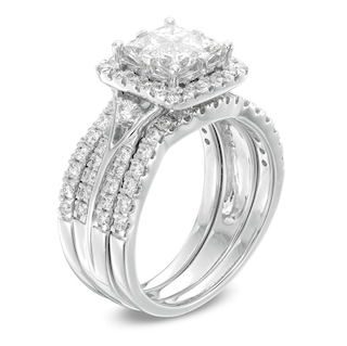 2.00 CT. T.W. Princess-Cut Quad Diamond Frame Three Piece Bridal Set in 14K White Gold|Peoples Jewellers