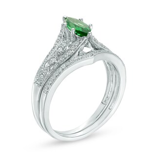 Marquise Lab-Created Emerald and 0.18 CT. T.W. Diamond Vintage-Style Bridal Set in 10K White Gold|Peoples Jewellers