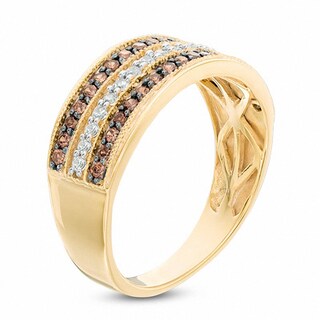 0.45 CT. T.W. Champagne and White Diamond Three Row Band in 10K Gold|Peoples Jewellers