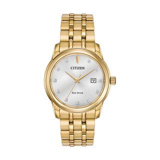 Men's Citizen Eco-Drive® Diamond Accent Gold-Tone Watch with Silver Tone Dial (Model: BM7342-50A)|Peoples Jewellers