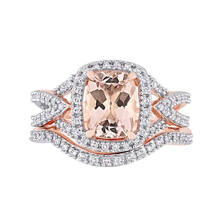 Cushion-Cut Morganite and 0.23 CT. T.W. Diamond Frame Bridal Set in 10K Rose Gold|Peoples Jewellers