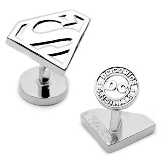 Men's DC Comics Superman Shield Silver Enamel Cuff Links in White Rhodium Brass|Peoples Jewellers