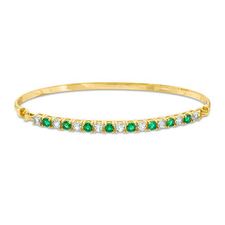 Lab-Created Emerald and White Sapphire Bangle in Sterling Silver with 14K Gold Plate - 7.5"|Peoples Jewellers
