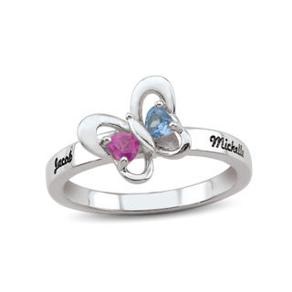 Couple's Heart-Shaped Simulated Birthstone Butterfly Ring in 10K White or Yellow Gold (2 Stones and Names)|Peoples Jewellers