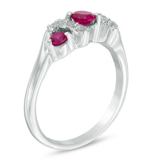 4.0mm Lab-Created Ruby and 0.11 CT. T.W. Diamond Overlay Three Stone Ring in Sterling Silver|Peoples Jewellers