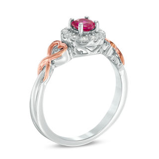 4.3mm Lab-Created Ruby and White Sapphire Frame Heart-Shaped Ribbon Ring in Sterling Silver and 10K Rose Gold|Peoples Jewellers