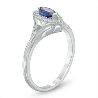 Marquise Lab-Created Blue Sapphire and 0.11 CT. T.W. Diamond Frame Split Shank Ring in Sterling Silver|Peoples Jewellers