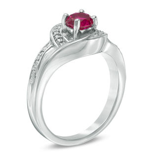 5.0mm Lab-Created Ruby and Diamond Accent Swirl Frame Split Shank Ring in Sterling Silver|Peoples Jewellers