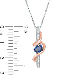Oval Lab-Created Blue Sapphire and Diamond Accent Linear Swirl Pendant in Sterling Silver and 10K Rose Gold|Peoples Jewellers
