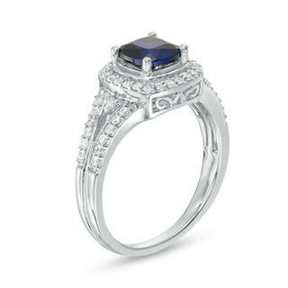 6.0mm Cushion-Cut Lab-Created Blue Sapphire and 0.30 CT. T.W. Diamond Frame Ring in 10K White Gold|Peoples Jewellers