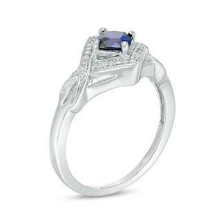 5.0mm Cushion-Cut Lab-Created Blue Sapphire and 0.11 CT. T.W. Diamond Tilted Frame Ring in Sterling Silver|Peoples Jewellers
