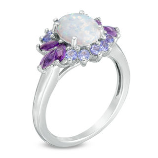 Oval Lab-Created Opal, Amethyst and Tanzanite Floral Ring in Sterling Silver|Peoples Jewellers