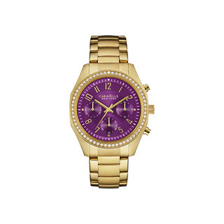 Ladies Caravelle Ny Crystal Accent Gold Tone Chronograph Watch With Purple Dial Model 44l197 Peoples Jewellers