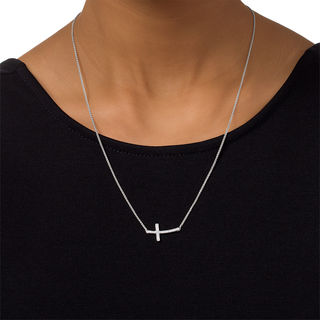 0.09 CT. T.W. Diamond Sideways Cross Bolo Necklace in Sterling Silver - 30"|Peoples Jewellers