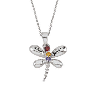 Daughter's Birthstone and Name Dragonfly Pendant (3 Stones and 1-2