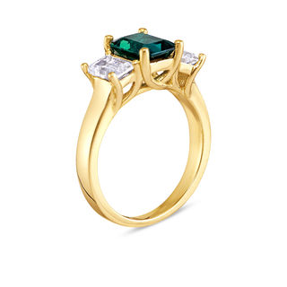 Emerald-Cut Lab-Created Emerald and White Topaz Three Stone Ring in 10K Gold|Peoples Jewellers