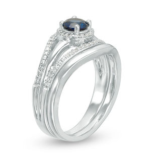 Lab-Created Blue Sapphire and 0.11 CT. T.W. Diamond Split Shank Bridal Set in Sterling Silver|Peoples Jewellers