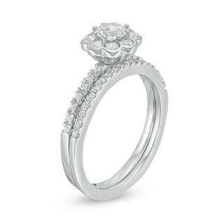 4.5mm Lab-Created White Sapphire and 0.15 CT. T.W. Diamond Flower Bridal Set in Sterling Silver|Peoples Jewellers