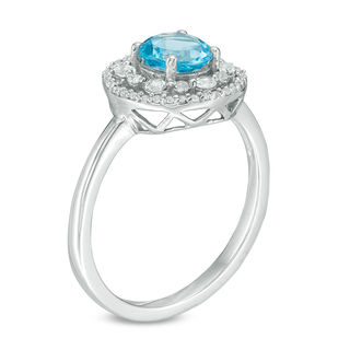 6.0mm Blue Topaz, Lab-Created White Sapphire and 0.09 CT. T.W. Diamond Frame Ring in 10K White Gold|Peoples Jewellers