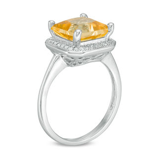 9.0mm Princess-Cut Citrine and 0.12 CT. T.W. Diamond Frame Vintage-Style Ring in 10K White Gold|Peoples Jewellers
