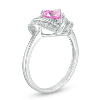 6.0mm Trillion-Cut Lab-Created Pink Sapphire and 0.09 CT. T.W. Diamond Swirl Frame Ring in Sterling Silver|Peoples Jewellers