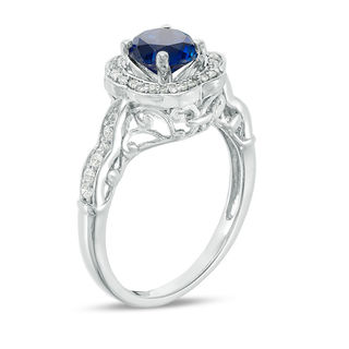 6.4mm Lab-Created Blue Sapphire and 0.23 CT. T.W. Diamond Flower Frame Engagement Ring in Sterling Silver|Peoples Jewellers