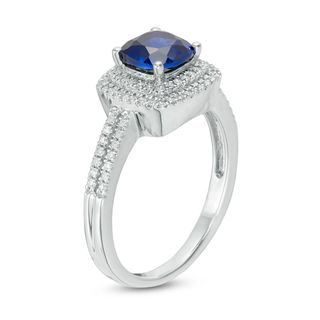6.0mm Cushion-Cut Lab-Created Blue Sapphire and 0.23 CT. T.W. Diamond Double Frame Engagement Ring in 10K White Gold|Peoples Jewellers