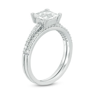 6.0mm Princess-Cut White Lab-Created Sapphire and 0.18 CT. T.W. Diamond Bridal Set in 10K White Gold|Peoples Jewellers