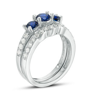 4.5mm Lab-Created Blue and White Sapphire Three Stone Bridal Set in Sterling Silver|Peoples Jewellers