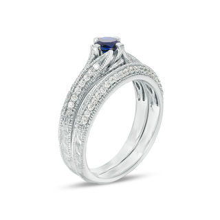 Lab-Created Blue Sapphire and 0.33 CT. T.W. Diamond Vintage-Style Bridal Set in 10K White Gold|Peoples Jewellers