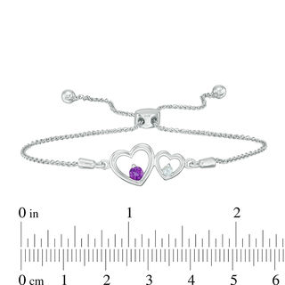 Couple’s Simulated Birthstone Double Heart Frame Bolo Bracelet in Sterling Silver (2 Stones)|Peoples Jewellers
