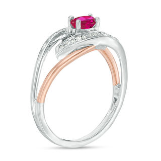 Oval Lab-Created Ruby and Diamond Accent Split Shank Ring in Sterling Silver and 10K Rose Gold|Peoples Jewellers