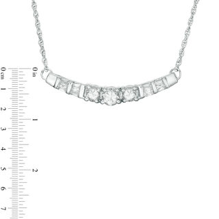 Lab-Created White Sapphire and 0.23 CT. T.W. Baguette Diamond Three Stone Curved Bar Necklace in Sterling Silver - 16.5"|Peoples Jewellers