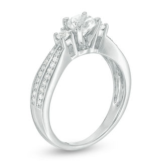 Lab-Created White Sapphire and 0.15 CT. T.W. Diamond Double Row Three Stone Ring in Sterling Silver|Peoples Jewellers
