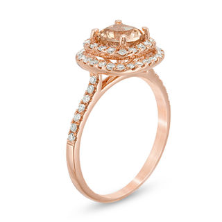 6.0mm Cushion-Cut Morganite and 0.35 CT. T.W. Diamond Double Frame Ring in 10K Rose Gold|Peoples Jewellers