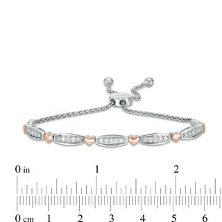 0.50 CT. T.W. Diamond Alternating Bar and Heart Bolo Bracelet in Sterling Silver and 10K Rose Gold - 9.5"|Peoples Jewellers