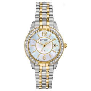 Ladies' Exclusive Citizen Eco-Drive® Silhouette Crystal Two-Tone Watch with Mother-of-Pearl Dial (Model: EW1684-54D)|Peoples Jewellers