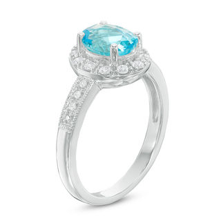 Oval Swiss Blue Topaz and Lab-Created White Sapphire Frame Vintage-Style Ring in Sterling Silver|Peoples Jewellers