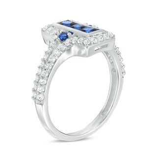 Lab-Created Blue and White Sapphire Linear Three Stone Split Shank Ring in Sterling Silver|Peoples Jewellers