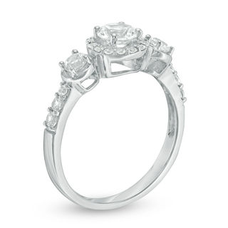 Lab-Created White Sapphire Three Stone Frame Engagement Ring in Sterling Silver|Peoples Jewellers