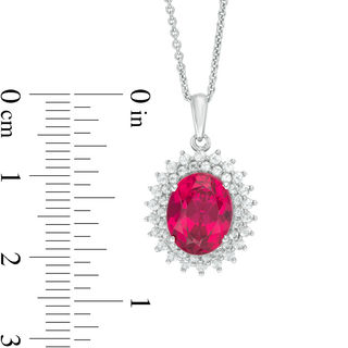 Oval Lab-Created Ruby and White Sapphire Sunburst Frame Pendant in Sterling Silver|Peoples Jewellers