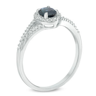 Oval Blue Sapphire and 0.17 CT. T.W. Diamond Frame Split Shank Ring in 10K White Gold|Peoples Jewellers